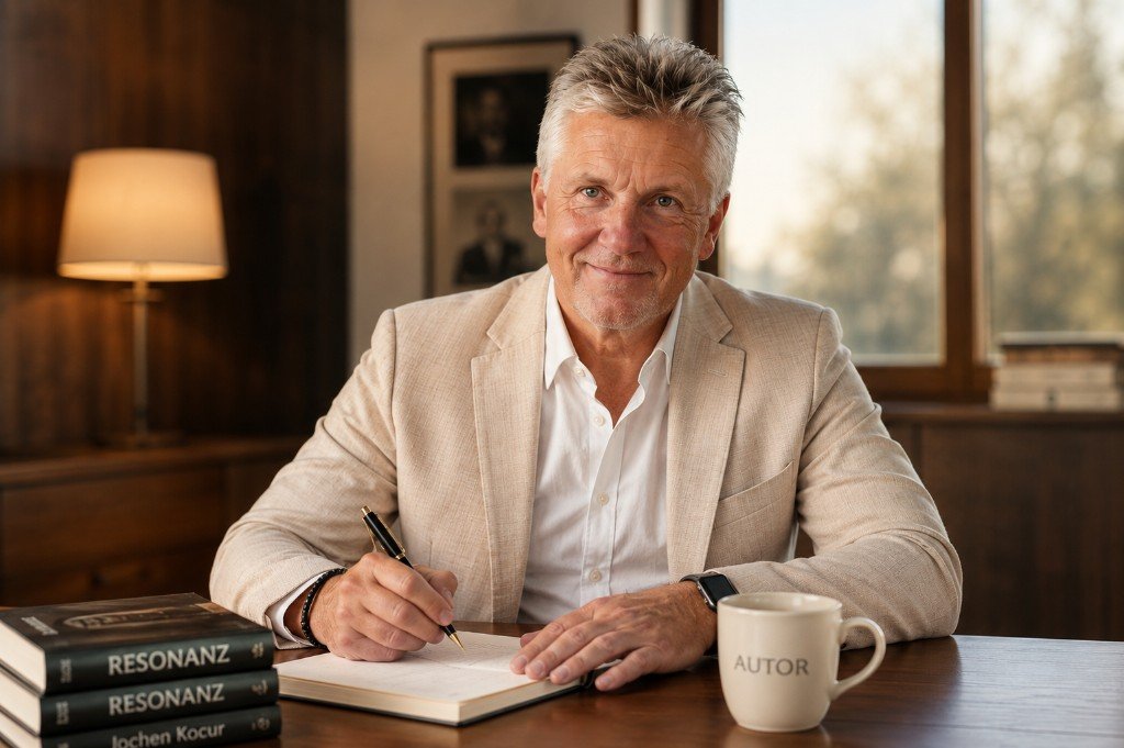 Jochen Kocur am Schreibtisch mit Manuskript und den Büchern zu Resonanz