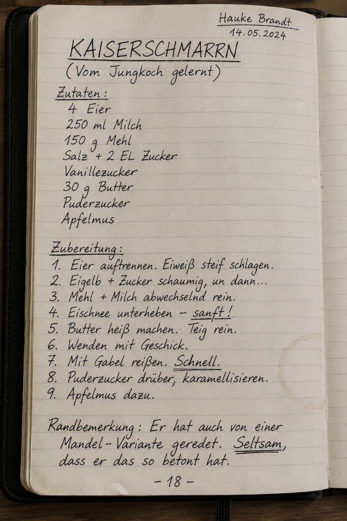 Handschriftliches Rezeptblatt Kaiserschmarrn, notiert von Hauke Brandt