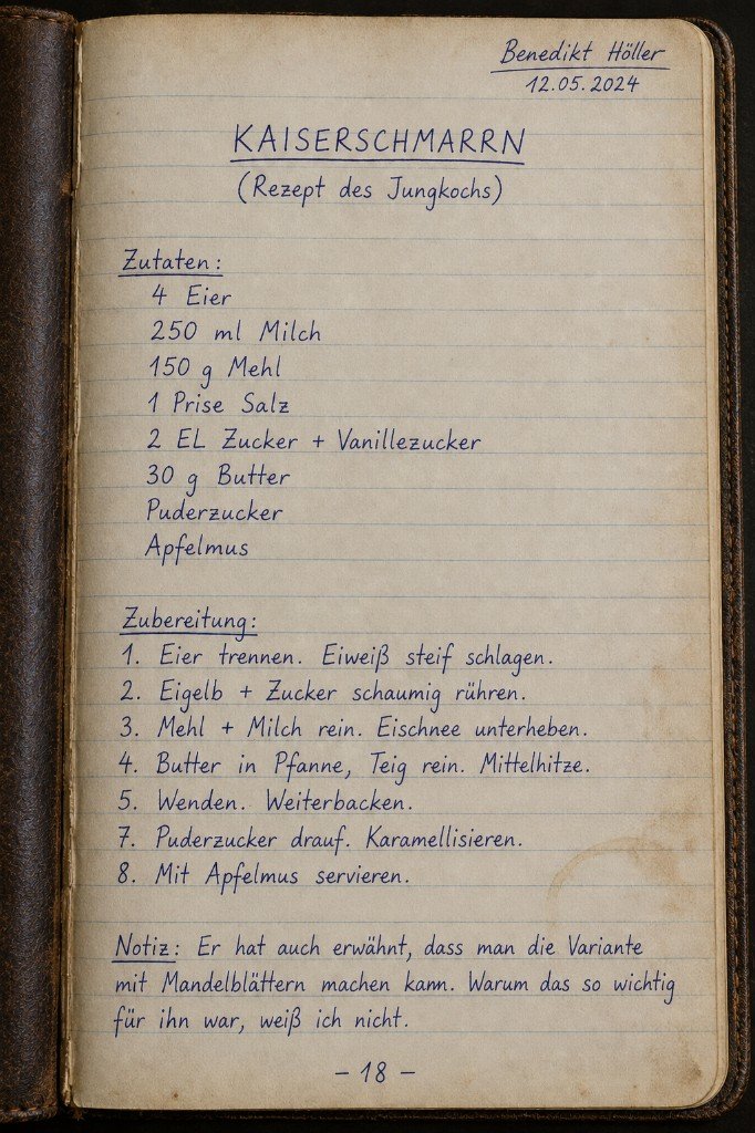 Handschriftliches Rezeptblatt Kaiserschmarrn, notiert von Benedikt Höller