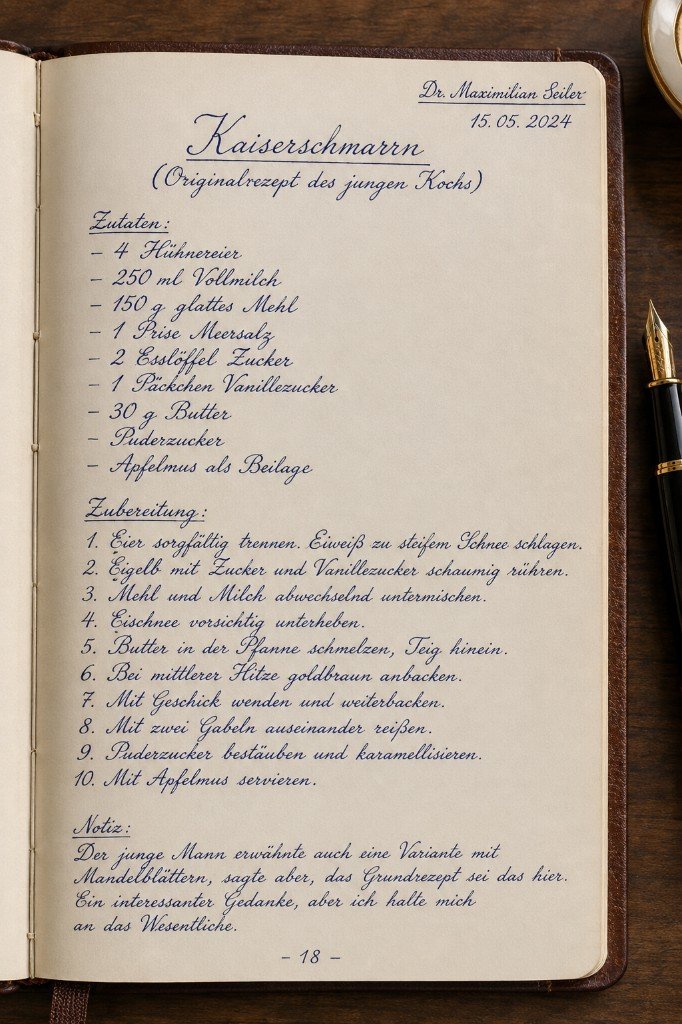 Handschriftliches Rezeptblatt Kaiserschmarrn, notiert von Dr. Maximilian Seiler